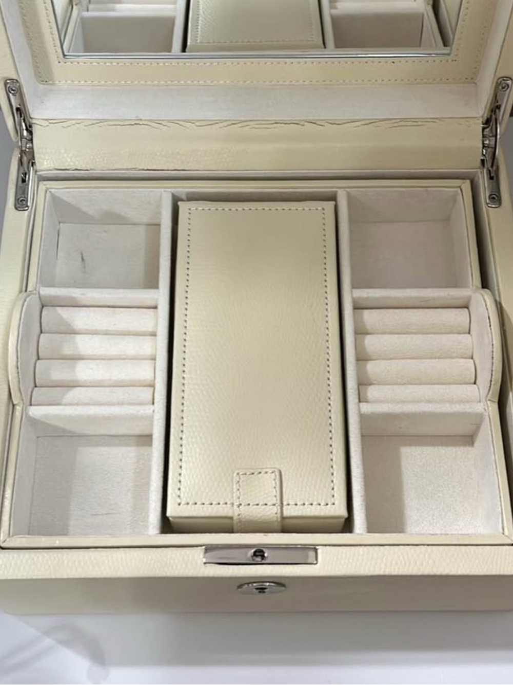 Pottery Barn Cream Leather Jewelry Organizer Box with Mirror - Picture 3 of 5